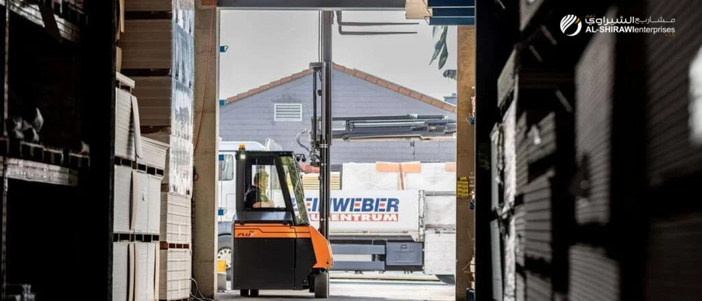 Electric warehouse forklift for long load transport