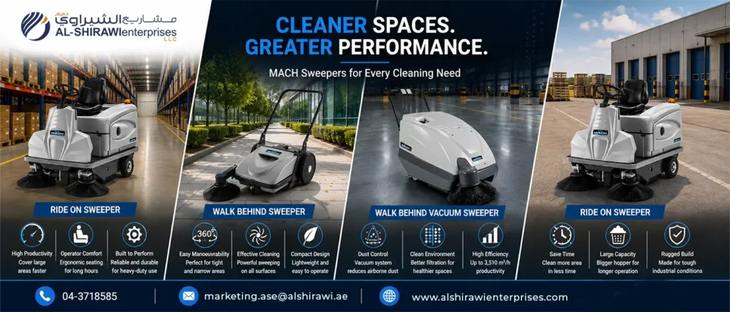 MACH walk behind and ride on sweepers for industrial floor cleaning UAE
