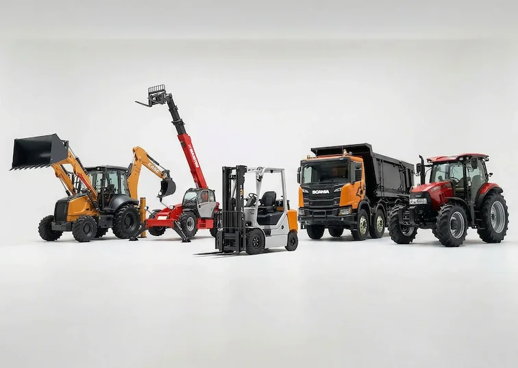 Construction and industrial equipment including excavator, wheel loader, forklift, trucks, Sweepers and tractors used across UAE industries
